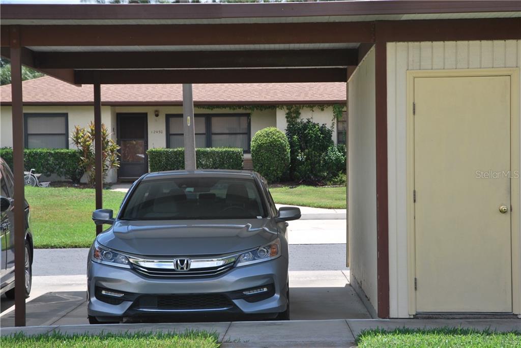 Each unit has an assigned carport space right in front of the entrance door plus an additional space for second vehicle or guest parking. The storage room on the right is provided to the owners by the Association.