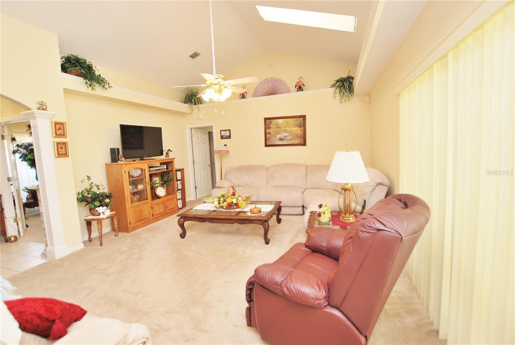 Living room has high ceilings and is bright, spacious, and comfortable.