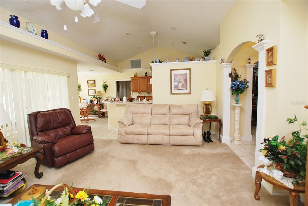 Living room view to counter to kitchen.