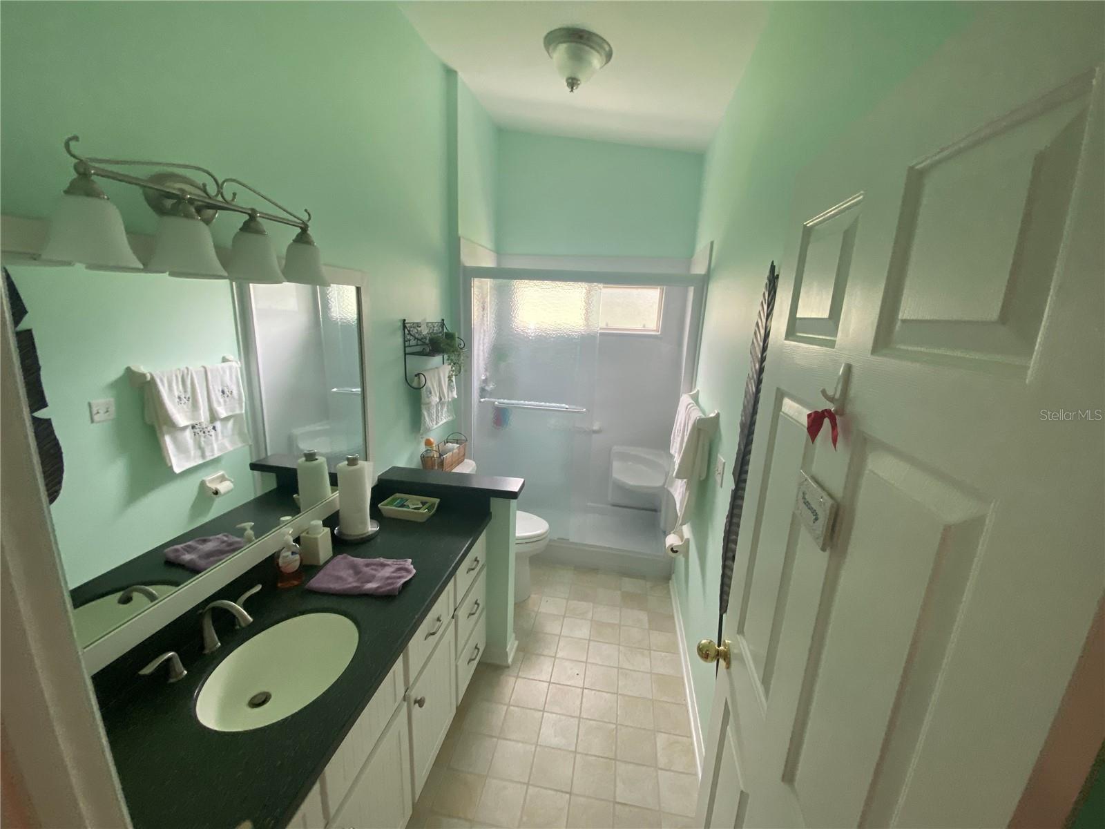 UPDATED GUEST BATH WITH CORIAN COUNTERTOPS, NEW SHOWER, AND NEW CABINETS
