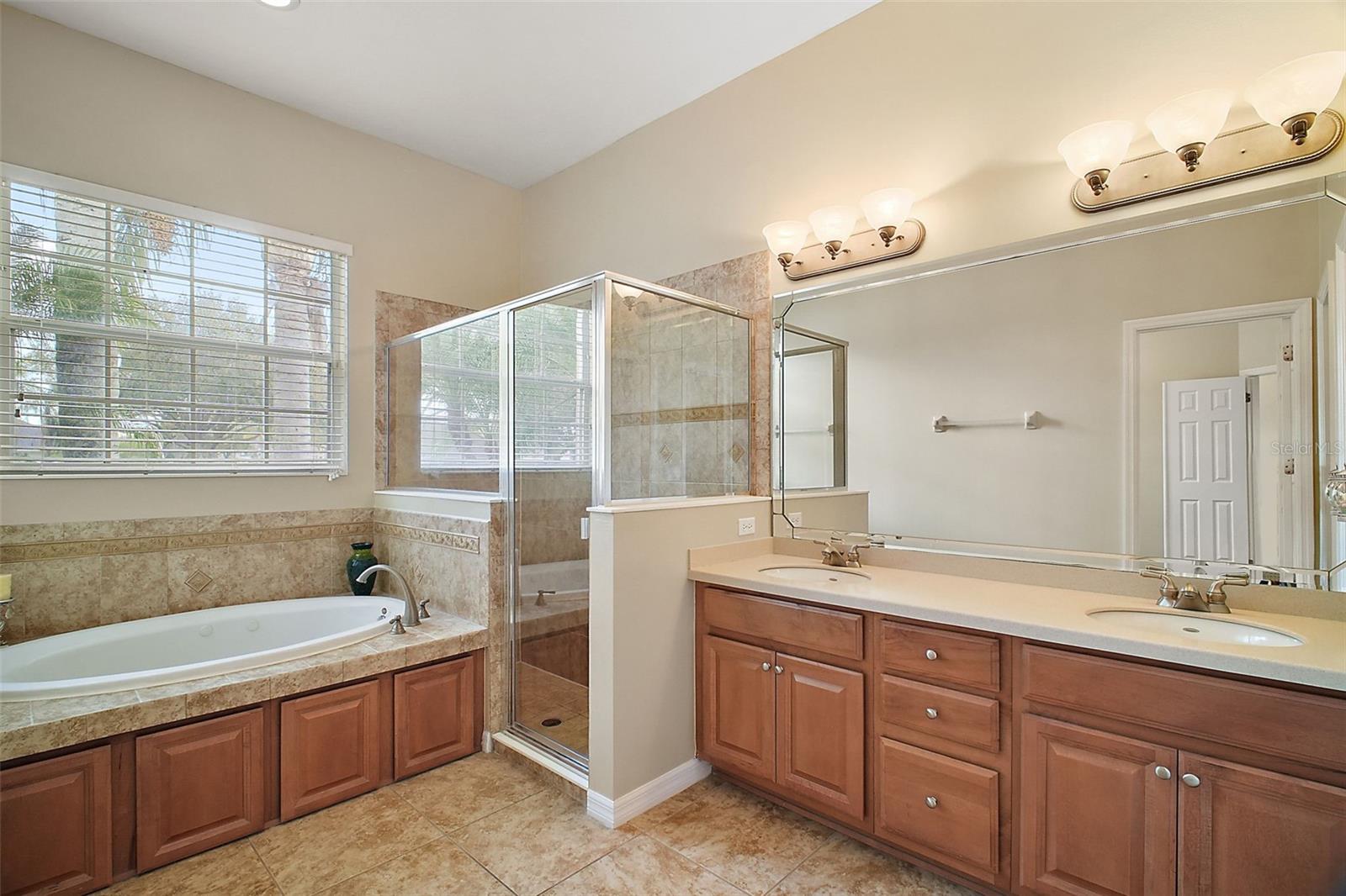 primary bathroom with walk in shower and jetted tub