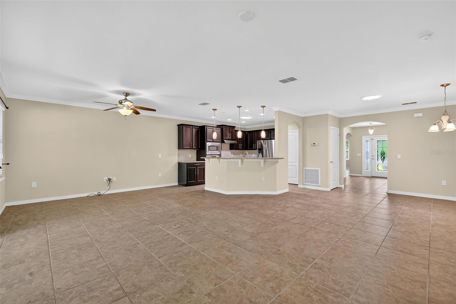 Looking at the kitchen from the back wall.